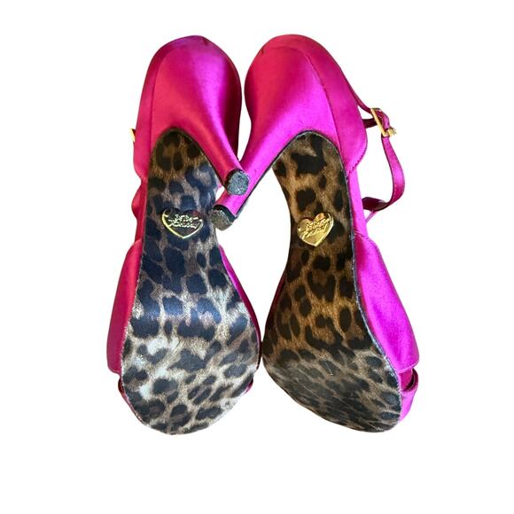 Betsey Johnson 7 Canddee Satin Tstrap BowTie Platform Heels Hot Pink Shiny Pumps - Picture 10 of 11